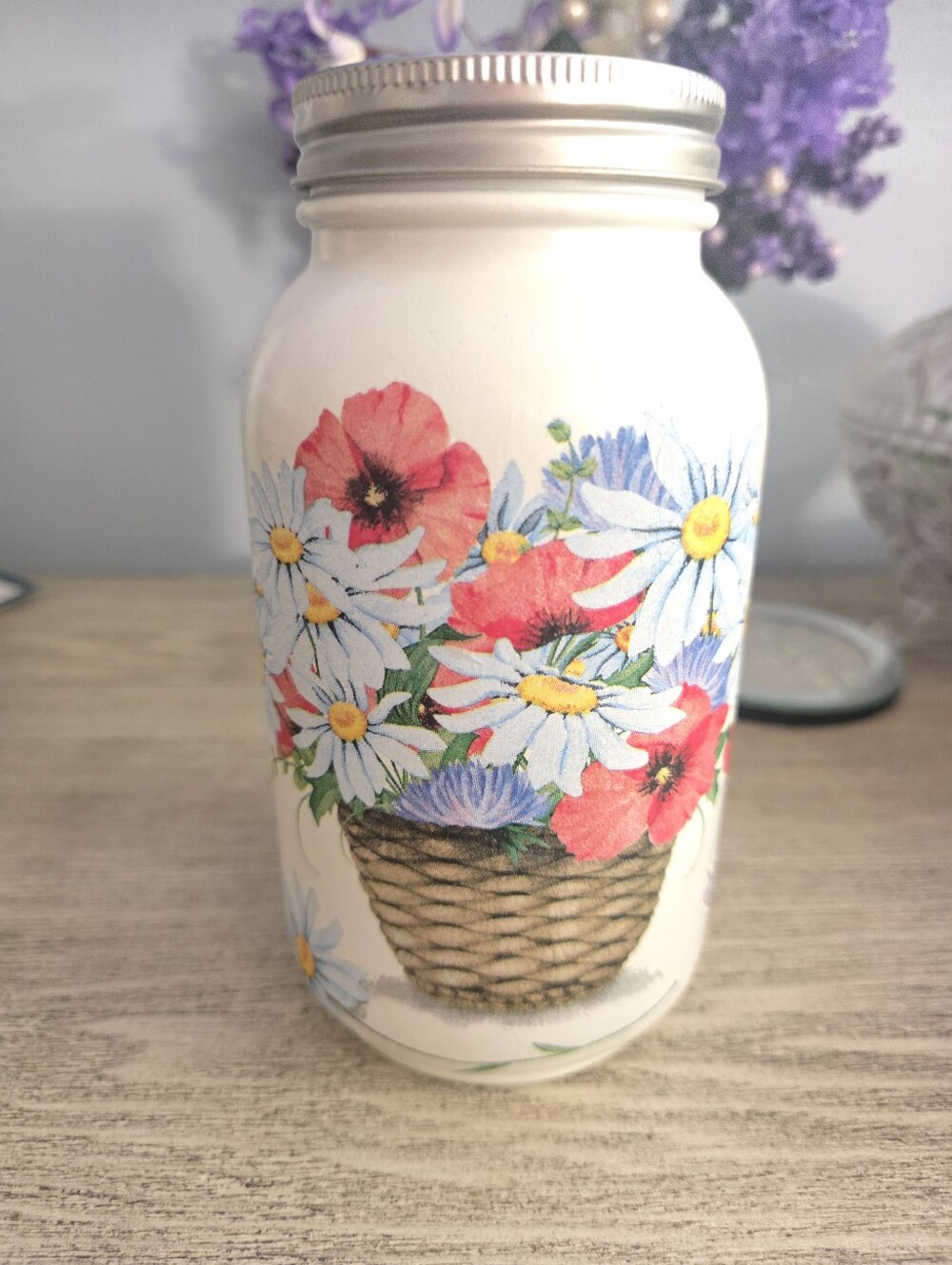 Large Mason Jar Tissue Holder White Blue Pink Floral Design USA